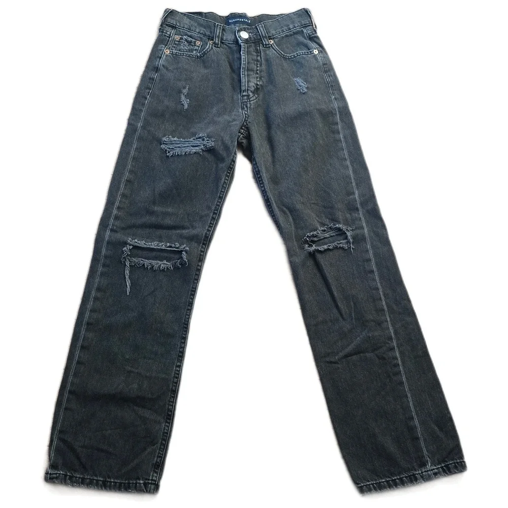 Aeropostale 90s Baggy Jeans Womens 000 Reg Faded Black Distressed Button‎ Fly